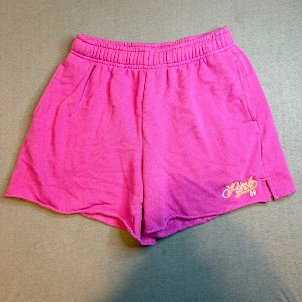 Victorias Secret PINK Hot Pink Fleece Lounge Shorts Small Logo Elastic Waist
